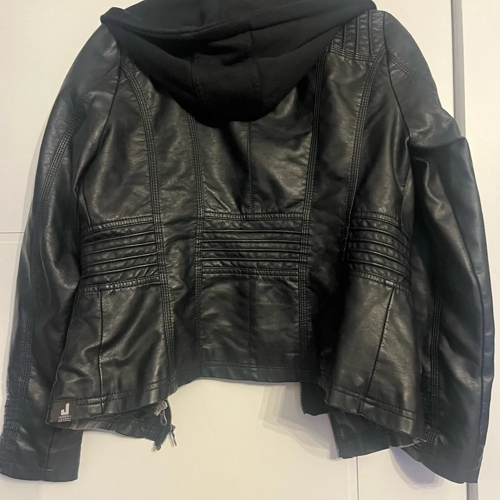 Made By Johnny size M faux leather black biker hooded jacket - Picture 12 of 13